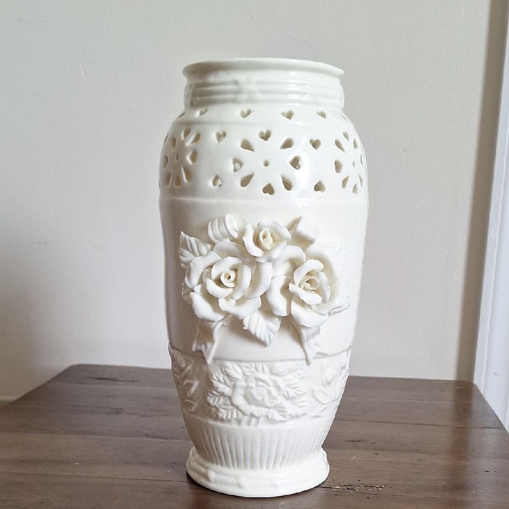 Vintage Capodimonte Style Cream Rose Vase Heart Cutout Victorian Cottagecore